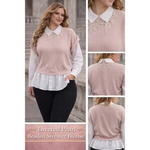 OnTwelfth Pink Vest White Button Up Pearl Beaded Neckline Sweater XL Gossip Girl